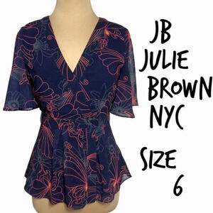 Julie Brown NYC size 6 navy rhapsody butterfly peplum blouse